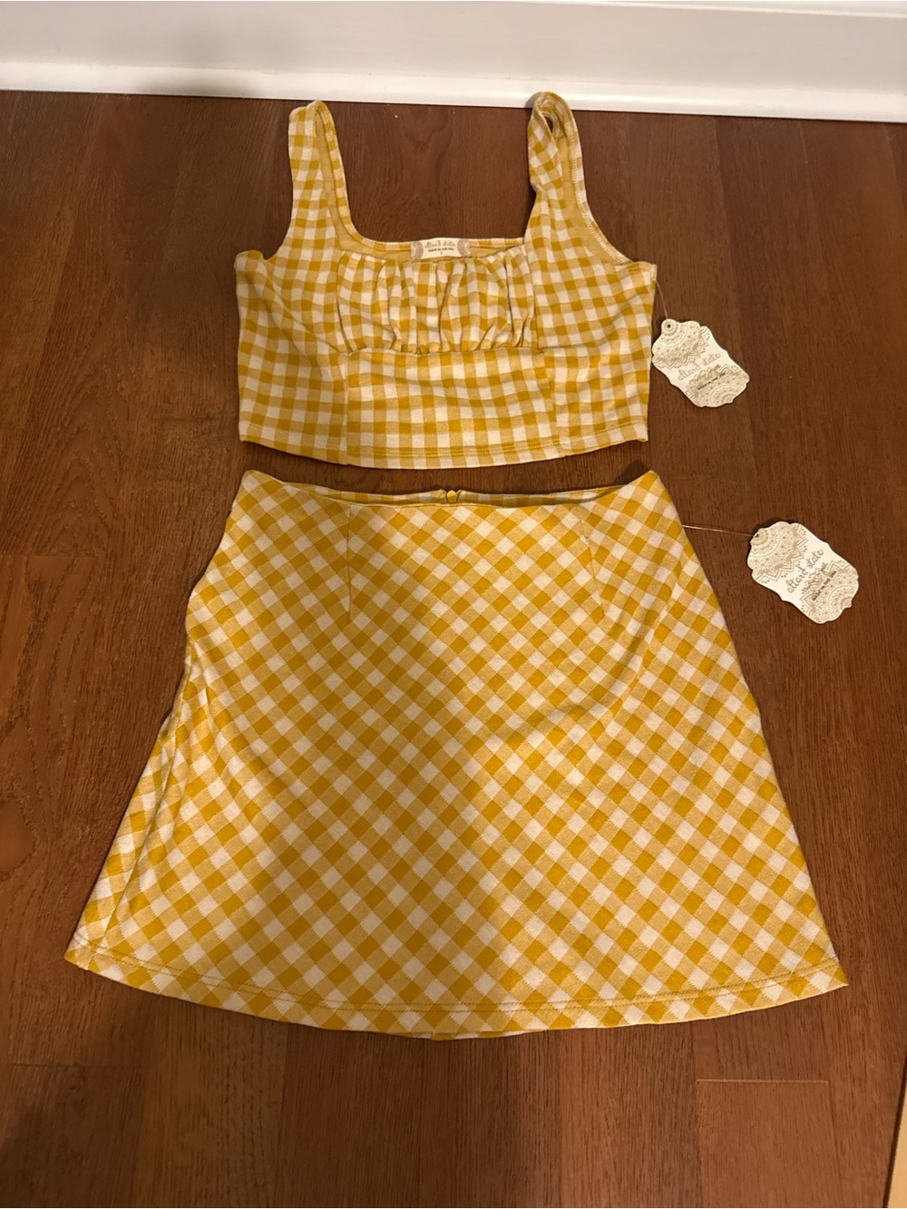 NWT Altar'd State Yellow Gingham Two Piece Set Crop Top Mini Skirt Co-Ord S